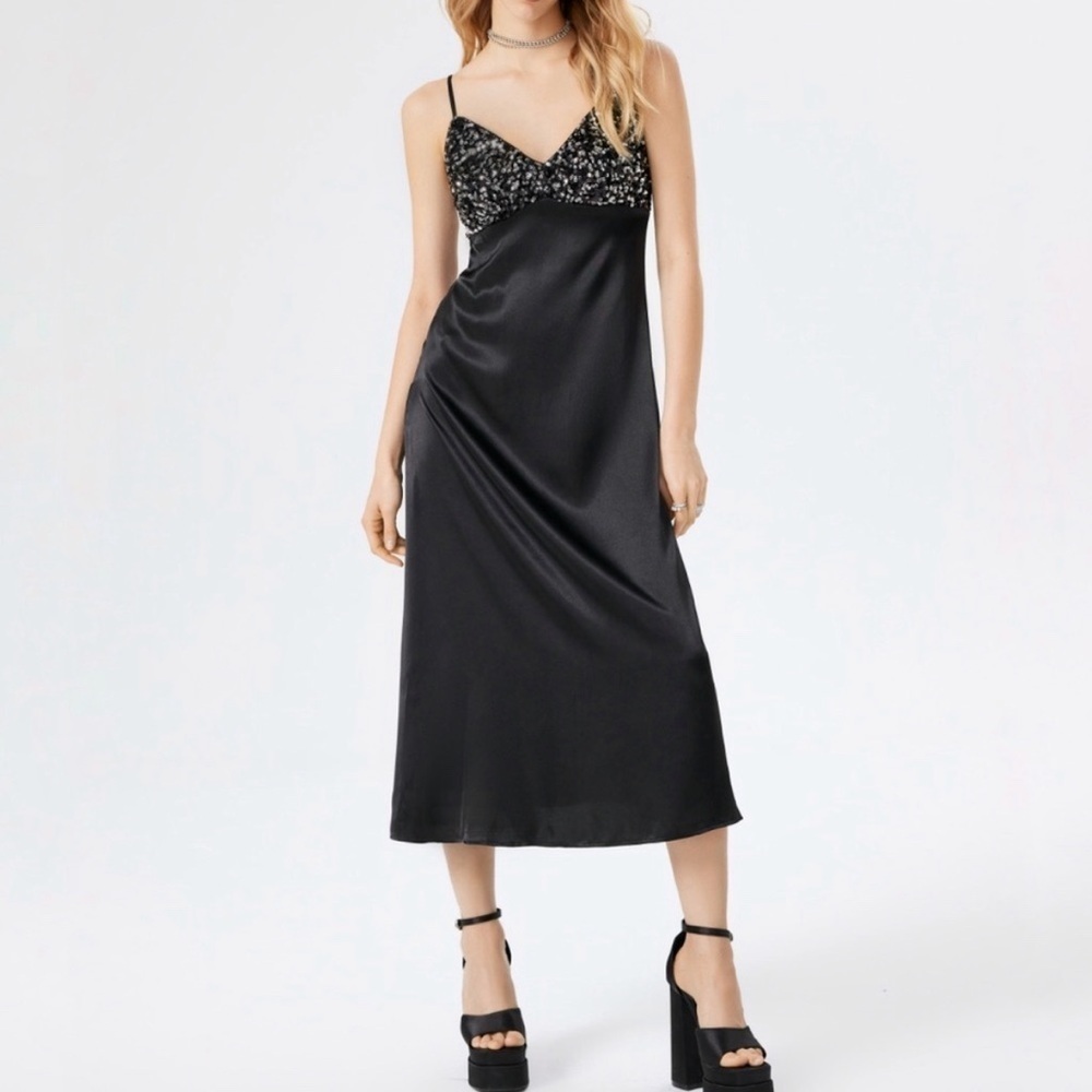 House Of Harlow 1960 | Black Satin Sequin Midi Slip Dress Size Small